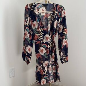 Lulu's Navy Floral Wrap Long Sleeve Dress